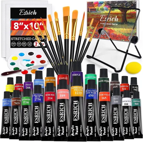 Miniatura 8 de ESRICH Juego de pintura acrílica, suministros de pintura con 2 piezas de pintura acrílica de 12 colores, 1 caballete, 3 lienzos, 30 pinceles y 3