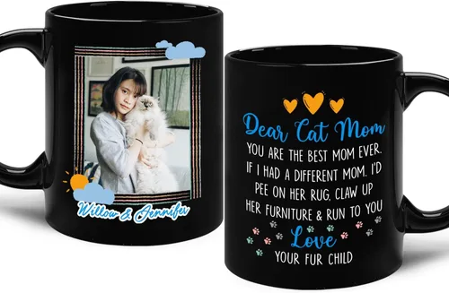 Miniatura 11 de Taza de cerámica negra personalizada para elegir nombre y foto con texto en inglés "Best Cat Dad Ever Just Ask", taza de café personalizada de 11