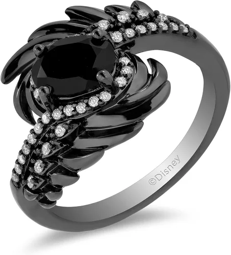 Jewelili Enchanted Disney Fine Jewelry Anillo de plata de ley con rodio negro de 16 quilates de diamante y alas de maléfica de ónix, Metal, Diamante