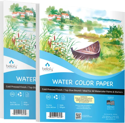 Bellofy 2 blocs de papel de acuarela, 100 hojas, 9 x 12 pulgadas, ideal para niños, artistas y principiantes | Cuaderno de bocetos de acuarela para