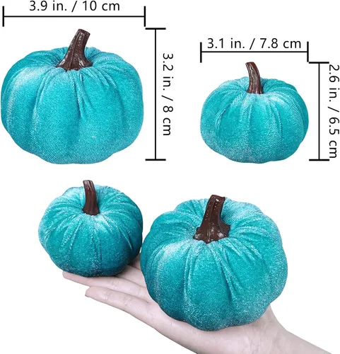 Miniatura 2 de Winlyn Juego de 16 calabazas de terciopelo sintético surtidas, decorativas, color verde azulado, verde, gris, marfil, calabazas de espuma de tela