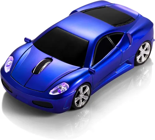 Ratón de computadora de coche deportivo [actualizado] con faros LED, 1600 DPI 2.4 GHz ratón inalámbrico para PC y Mac, azul