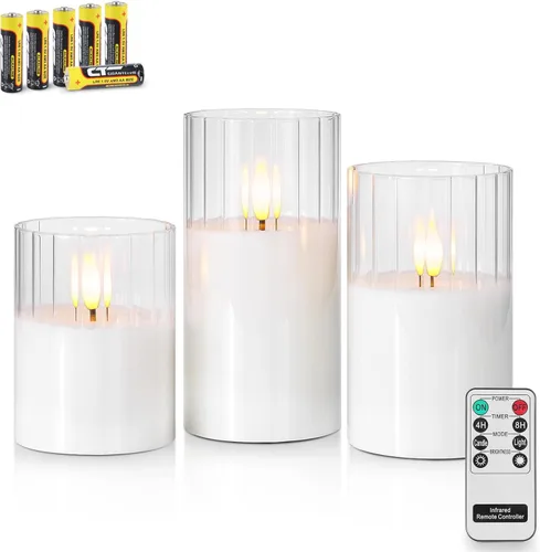 Rhytsing Velas LED de vidrio acanalado transparente que funcionan con pilas con control remoto, juego de velas blancas sin llama con temporizador