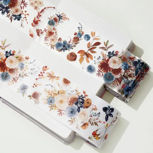 Miniatura 2 de WT Cinta de PET ancha azul polvoriento y canela, un solo rollo, diseños originales, cinta decorativa floral, cinta transparente para manualidades
