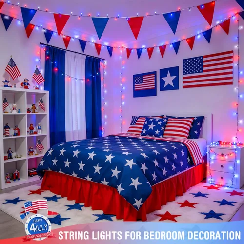 Miniatura 7 de JMEXSUSS 250 luces LED rojas, blancas y azules para decoraciones del 4 de julio, luces patrióticas conectables de 91.5 pies para exteriores