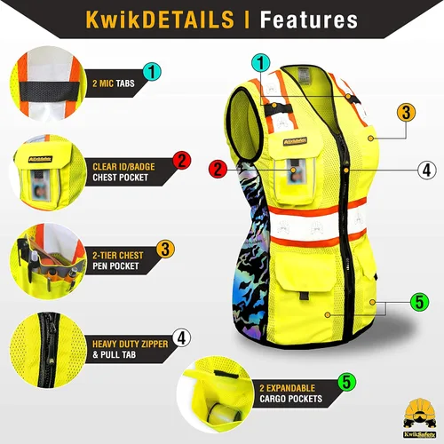 Miniatura 4 de KwikSafety - Charlotte, NC - Chaleco de seguridad para mujer, tiras reflectantes de alta visibilidad, cumple con ANSI y OSHA Amarillo (Tiger Queen)
