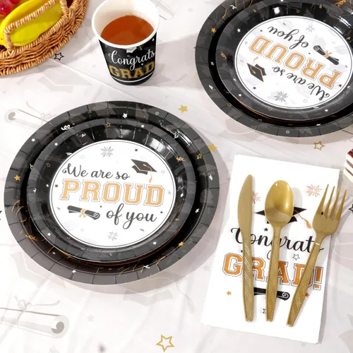 Miniatura 3 de Suministros para fiesta de graduación, juego de platos y servilletas de graduación de felicitaciones, vajilla desechable, platos de papel