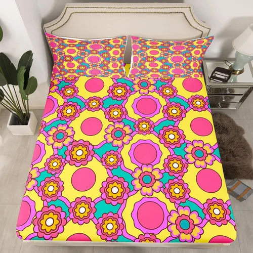 Miniatura 7 de Juego de ropa de cama con diseño floral bohemio, tamaño individual, diseño retro de flores groovy, 60S y 70S, diseño de flores hippie para niños