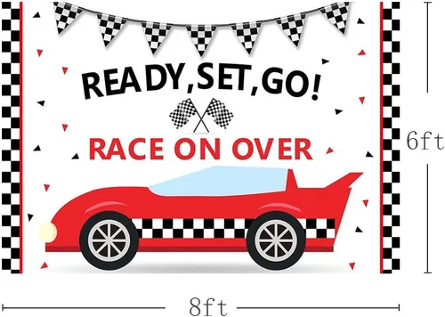 Miniatura 3 de MEHOFOND Telón de fondo de fiesta de cumpleaños de coche de carreras, accesorios para niños, enciende tus motores, carreras sobre negro y rojo