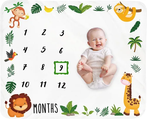 Manta mensual de hito para bebé, diseño de animales de la selva, manta neutral para el mes del recién nacido, regalo personalizado para ducha,