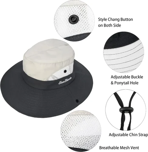 Miniatura 3 de Sombrero de sol de verano para mujer, cola de caballo – Protección UV de malla de ala ancha plegable con agujero para cola de caballo