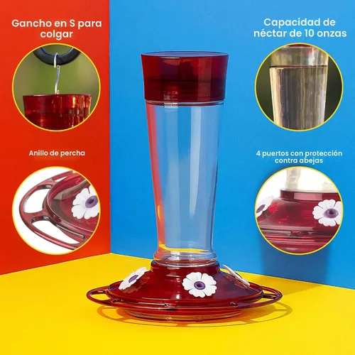 Miniatura 3 de More Birds Bird Health+ - Comedero para colibríes rubí, comedero de vidrio para colibríes para exteriores, 4 estaciones de alimentación, 10 onzas