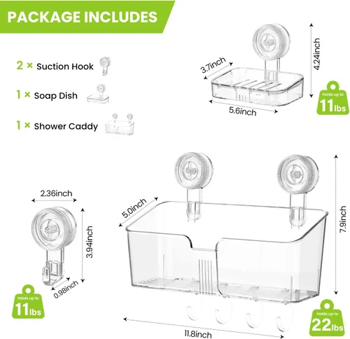 Miniatura 8 de LUXEAR Organizador de ducha con ventosa, sin perforaciones, organizador de ducha de sujeción fuerte con ganchos y jabonera, drenaje rápido