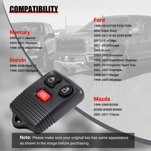Miniatura 7 de 2 paquetes de 3 botones llavero de repuesto de entrada sin llave remota compatible con Ford F150 F250 F350 Escape Expedition Explorer Ranger Mazda