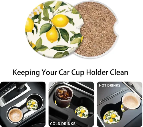 Miniatura 5 de Portavasos de automóvil para mujeres y hombres, paquete de 2 portavasos de cerámica con limones y flores blancas, elegantes accesorios interiores