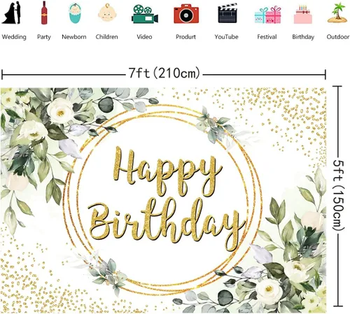 Miniatura 5 de Telón de fondo verde de feliz cumpleaños, suculenta y hojas verdes de eucalipto doradas, fondo de fotografía de selva, niños, niñas, mujeres, baby