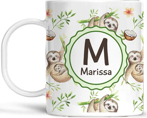 Taza personalizada de perezoso para niños con nombre e inicial. Taza personalizada para niños pequeños con lindos perezosos colgantes. Sin BPA,