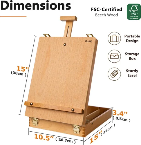 Miniatura 2 de DJAR Caballete de Mesa para Pintura, Caja de Bocetos de Madera de Haya Sólida Ajustable Caballete de Arte de Escritorio, Caja de Almacenamiento