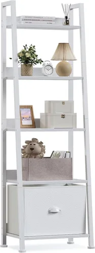 Miniatura 11 de Furologee Estantería de escalera con cajón, estante industrial de 5 niveles, estantes de almacenamiento abiertos para libros, CD, fotos, estantería