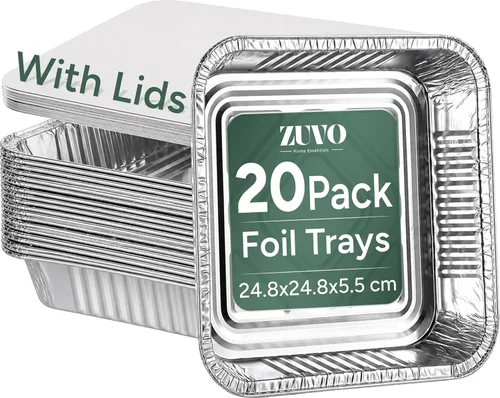 Zuvo Contenedores grandes desechables de papel de aluminio con tapas de papel 25x25x4 cm, recipientes para llevar, buenos para hornear, asar,