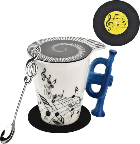 Miniatura 14 de Taza de café de guitarra de 12.9 oz con diseño de notas musicales con tapa temática de música y cuchara y posavasos, regalos para guitarristas