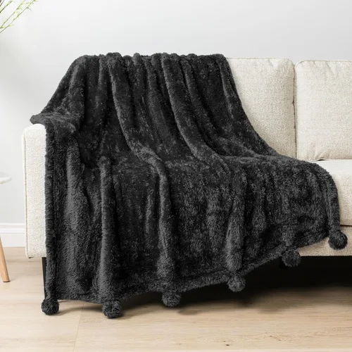 PAVILIA Manta de sherpa negra para sofá, cálida manta de felpa con pompones, manta mullida para sofá, ligera, suave y acogedora con pompones, 50 x