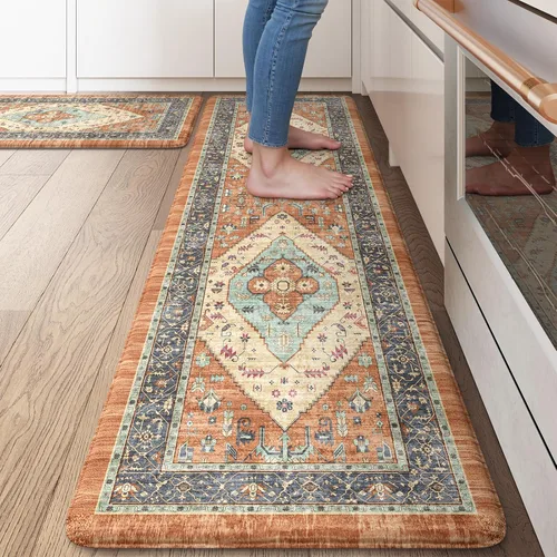 Miniatura 52 de KIMODE - Juego de 2 tapetes de cocina bohemios, antifatiga, antideslizantes, impermeables, ergonómicos, acolchados, cómodos, para lavandería, Caqui