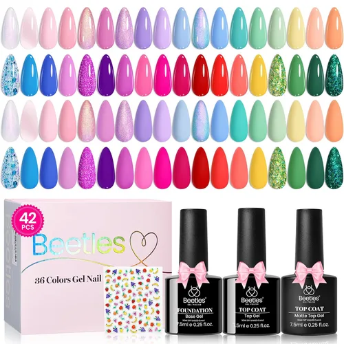 Miniatura 19 de Beetles - Set de 20 esmaltes de gel p/decoración de uñas, colección Fall Yard, purpurina naranja/marrón/rojo/azul marino, semipermanente, LED c/capa