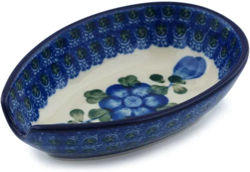 Auténtico soporte de cuchara de cerámica polaca en diseño de amapolas azules hecho a mano en Bolesławiec Polonia por Ceramika Artystyczna +