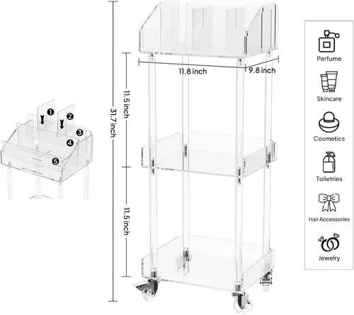 Miniatura 3 de Aquiver Organizador de Maquillaje Acrílico Carrito de Almacenamiento - Carrito de Maquillaje Rodante de 3 Niveles Organizador de Tocador - Estuches