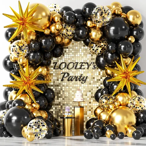 Miniatura 9 de Kit de guirnalda de arco de 137 piezas de globos negros, dorados y plateados con estrellas - 5, 10, 12, 18 pulgadas globos de látex negros, dorados