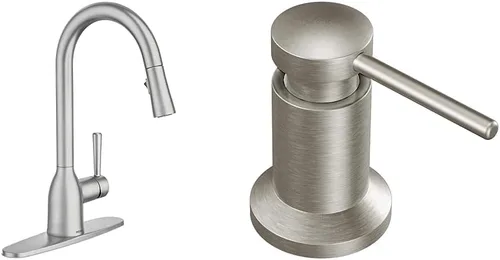 Moen Adler Spot Resist - Grifo de fregadero de cocina de una manija de arco alto de acero inoxidable con rociador desplegable Power Clean, 87233SRS