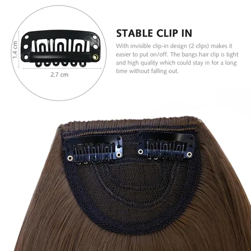 Miniatura 3 de Extensiones de cabello sintético con clip, flequillo francés, con sienes, color marrón ceniza, flequillo falso natural con clip para mujer, uso