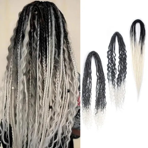 Miniatura 21 de Extensiones de rastas trenzadas bohemias de 24 pulgadas, 10 hebras de rastas sintéticas rizadas color marrón degradado con trenza de caja, rastas