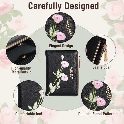 Miniatura 3 de Billetera pequeña para mujer, doble bordado, con flores, bloqueo RFID, piel sintética, con bolsillo con cremallera para mujeres y niñas (negro)