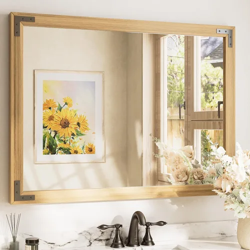 Miniatura 9 de TETOTE Espejo de madera natural de 48 x 24 pulgadas para pared de baño/dormitorio/sala de estar/entrada, espejo rústico de tocador de baño
