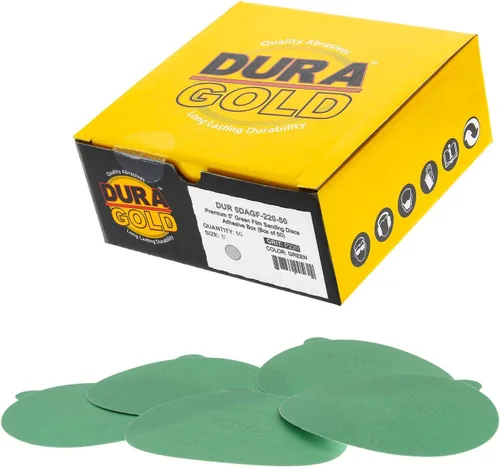 Miniatura 13 de Dura-Gold Discos de lija PSA de película verde de 5 pulgadas, grano 180 (caja de 50), discos de papel de lija autoadhesivos con parte trasera