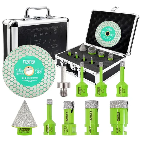 Kit de sierra de agujero de azulejo de diamante FACHLICH - (Brocas de diamante de 6/6/8/10/20/25/35mm + Broca chamfer + Adaptador + Hoja de azulejo)