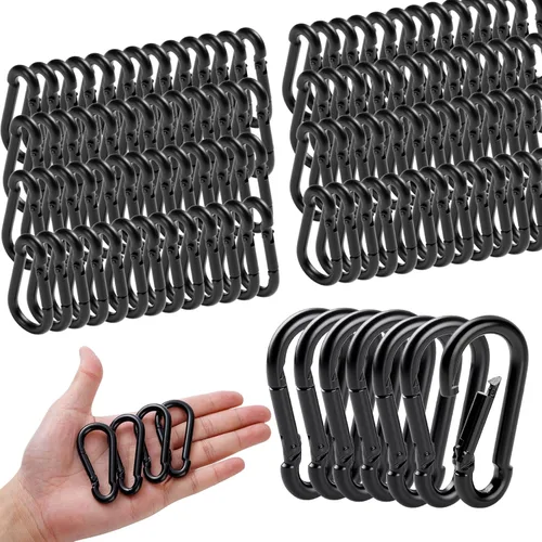 Miniatura 10 de Paquete de 50 mosquetones resistentes, ganchos de resorte grandes de 3.2 pulgadas a granel, mosquetones negros galvanizados para campamento, clips