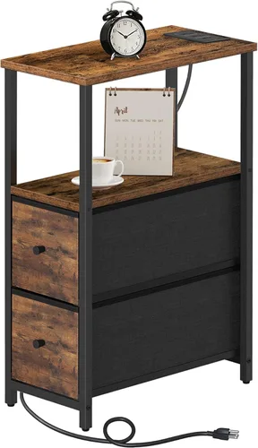 Miniatura 21 de TUTOTAK - Mesa auxiliar pequeña y estrecha con estación de carga; mesa de lado con tomas de corriente; mesita de noche con 2 cajones de tela; mesa