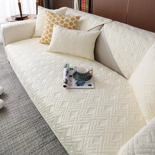Miniatura 5 de vctops Funda acolchada geométrica para sofá modular de algodón, funda antideslizante en forma de L para niños y perros, respaldo y apoyabrazos, Beige