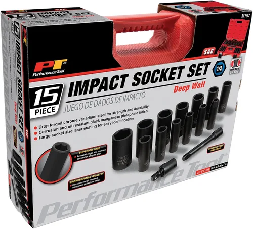 Miniatura 7 de Performance Tool M797 - Juego de 15 piezas de impacto SAE de 1/2 pulgada, kit de herramientas resistentes de grado profesional para uso automotriz e