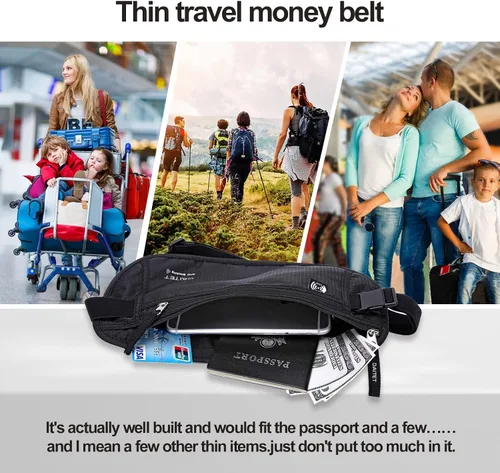Miniatura 7 de DAITET Cinturón de dinero, soporte para pasaporte, cartera de viaje oculta segura con bloqueo RFID, riñonera encubierta (negro), Negro, Rfid