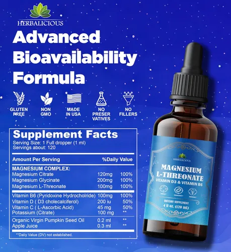 Miniatura 6 de HERBALICIOUS Líquido complejo de magnesio con vitamina D3 y B6 - Citrato de alta absorción, glicinato y L-treonato - Apoya la energía, el estado