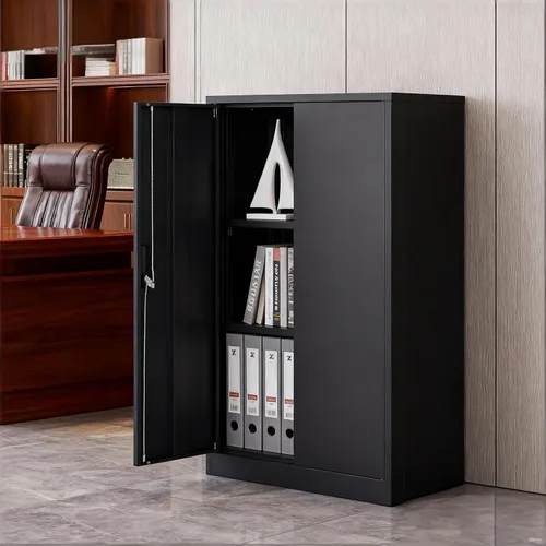 Miniatura 4 de Gabinete de almacenamiento de metal con puertas y estantes, gabinetes de garaje negros, gabinete de almacenamiento con cierre de acero para almacén