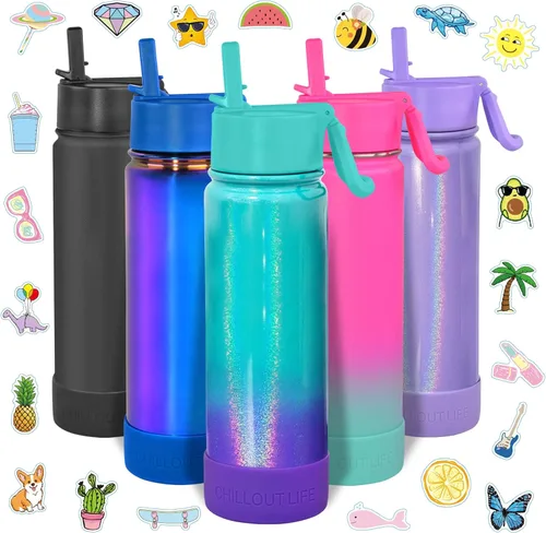 Miniatura 9 de CHILLOUT LIFE - Botella de agua aislada de 17 onzas con tapa con pajilla para niños, a prueba de fugas y bonitas calcomanías impermeables, termo
