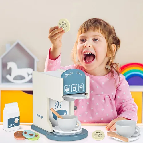 Miniatura 6 de Accesorios de cocina de juguete para niños, juego de cocina de madera con cafetera de juguete y máquina de espresso, juego de cocina para niños