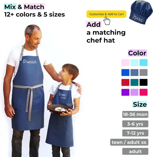 Miniatura 4 de Delantal para niños - Delantal de cocina personalizado bordado con nombre, ajustable, de algodón, con bolsillos, para cocinar rosado (01 Pink)
