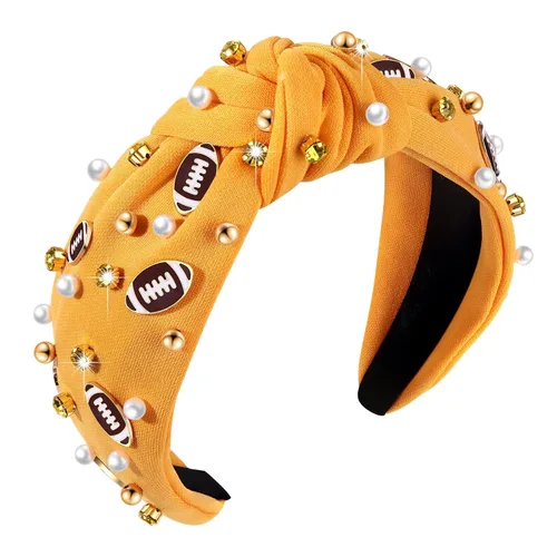 Miniatura 13 de Diadema de fútbol para mamá, accesorios de perlas con diamantes de imitación anudados, banda ancha para el pelo negra, diadema de nudo superior