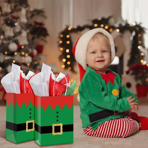 Miniatura 5 de Blulu 16 piezas de bolsas de regalo de papel para Navidad, elfos de Navidad con impresión de traje de elfo, bolsas de fiesta de Navidad con asa